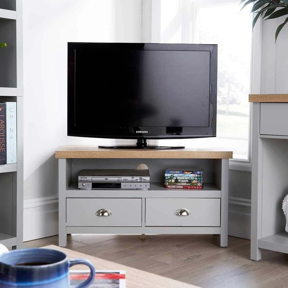 Corner TV Stand with Storage Drawers & Shelves – Compact, Durable, Grey - Kwikley