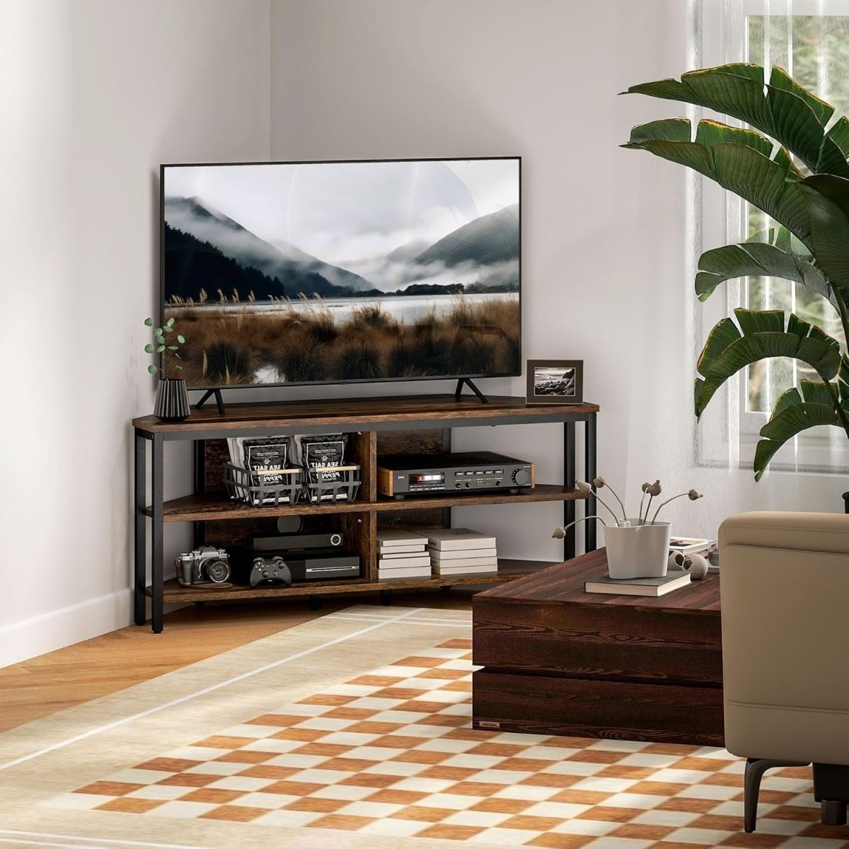 Corner TV Stand with Storage Shelves, Cable Management, Rustic Brown Unit - Kwikley