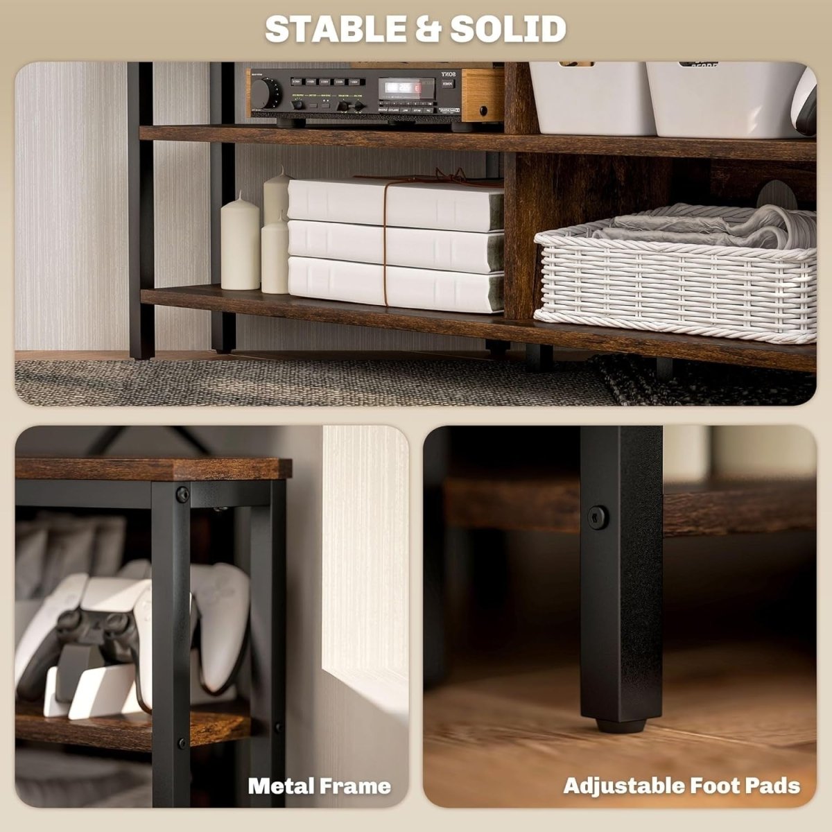 Corner TV Stand with Storage Shelves, Cable Management, Rustic Brown Unit - Kwikley