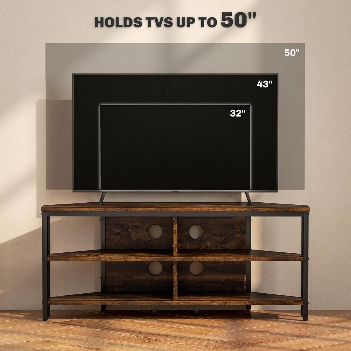 Corner TV Stand with Storage Shelves, Cable Management, Rustic Brown Unit - Kwikley