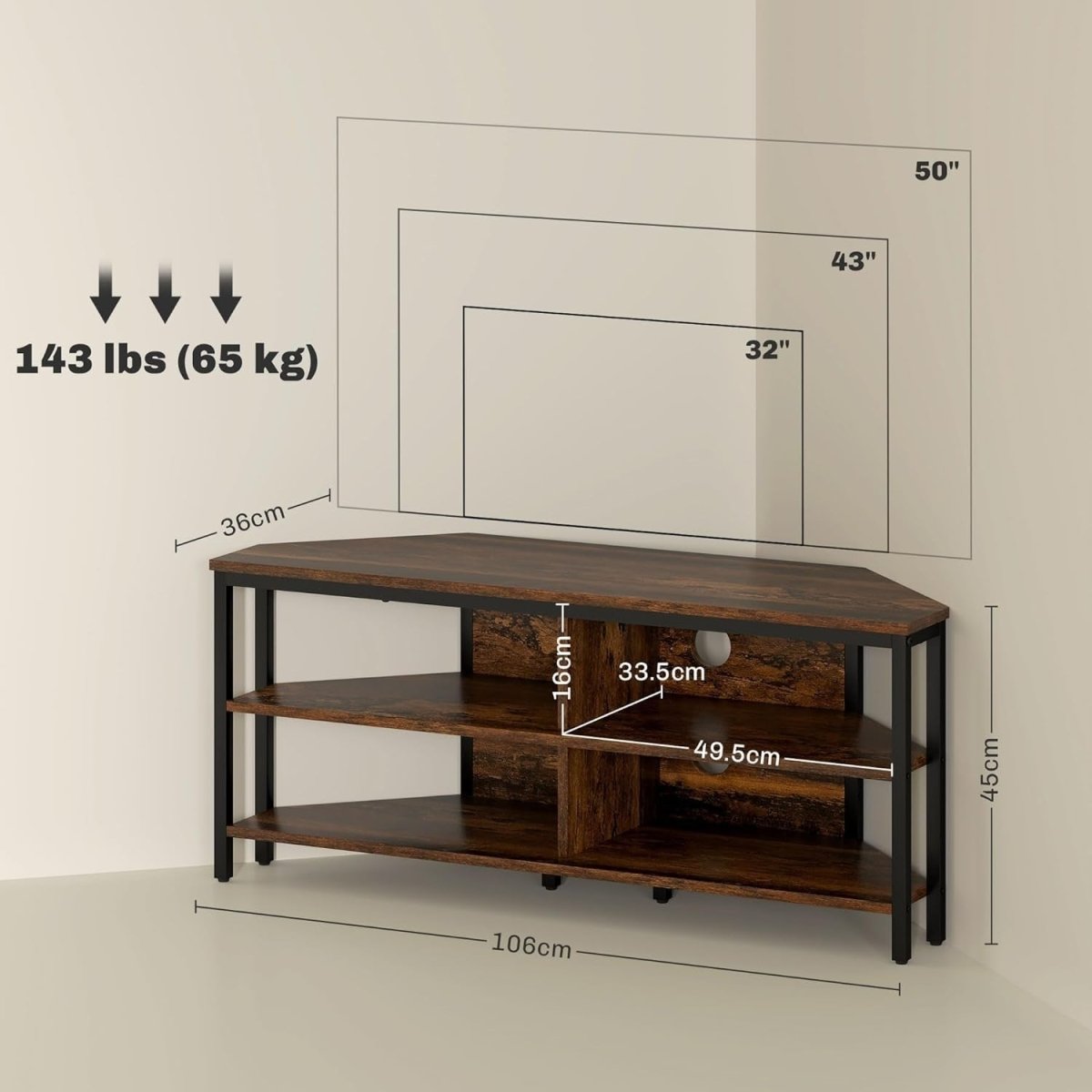 Corner TV Stand with Storage Shelves, Cable Management, Rustic Brown Unit - Kwikley