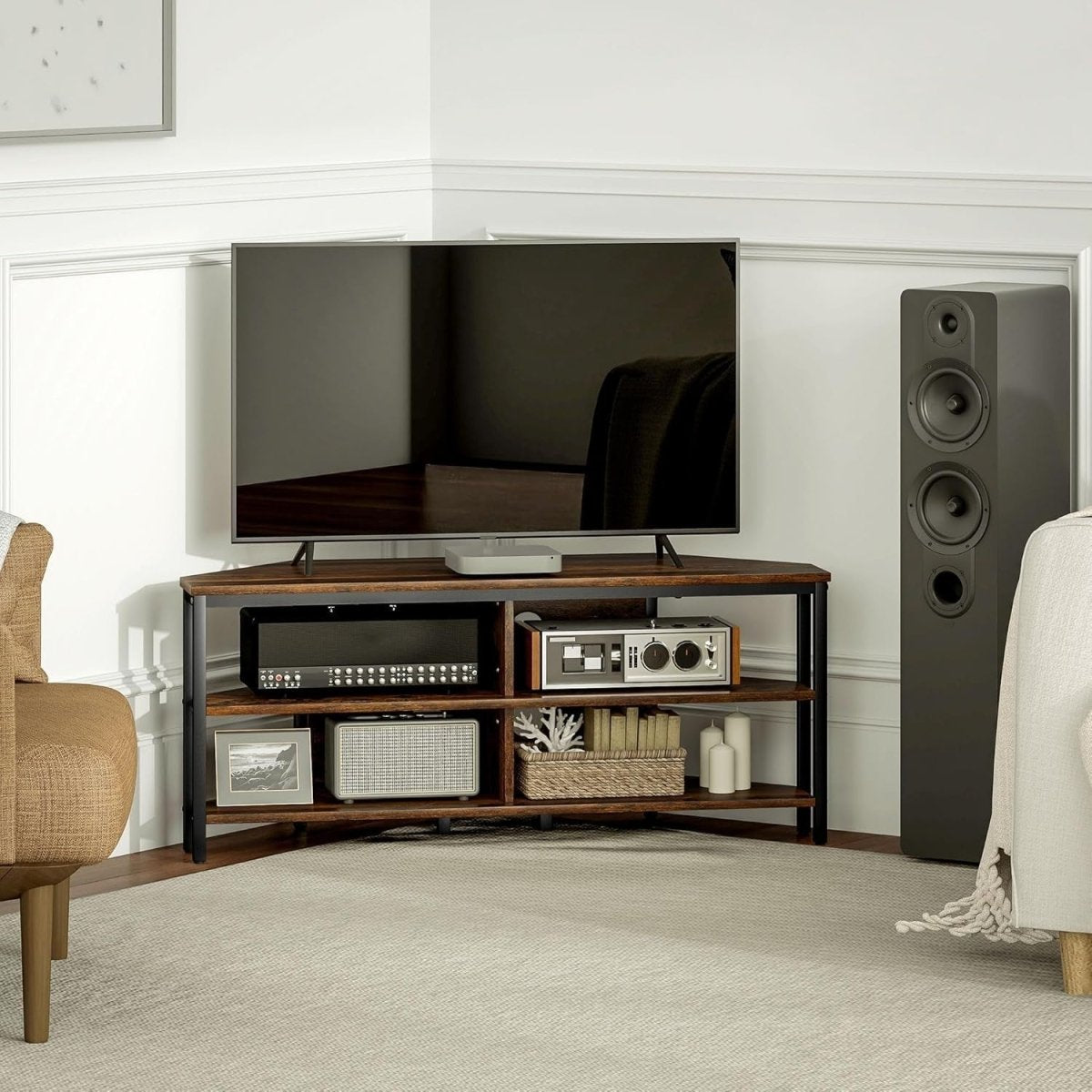 Corner TV Stand with Storage Shelves, Cable Management, Rustic Brown Unit - Kwikley
