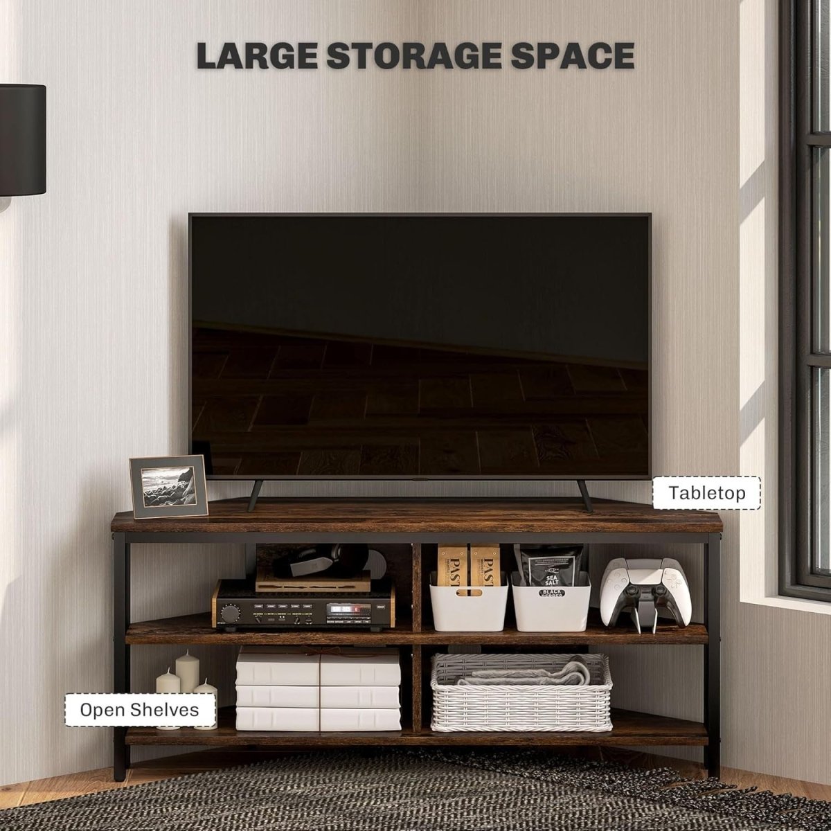 Corner TV Stand with Storage Shelves, Cable Management, Rustic Brown Unit - Kwikley