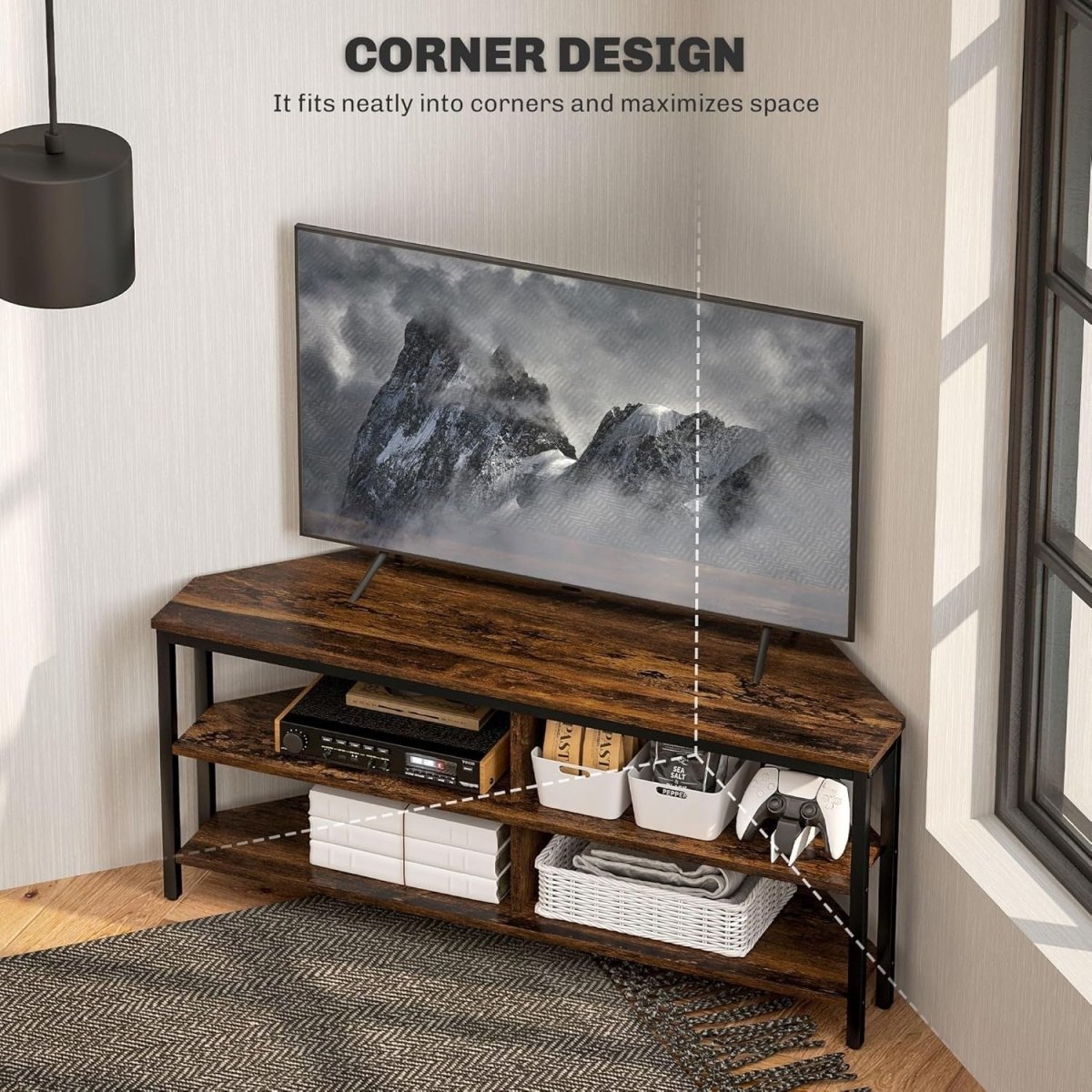 Corner TV Stand with Storage Shelves, Cable Management, Rustic Brown Unit - Kwikley