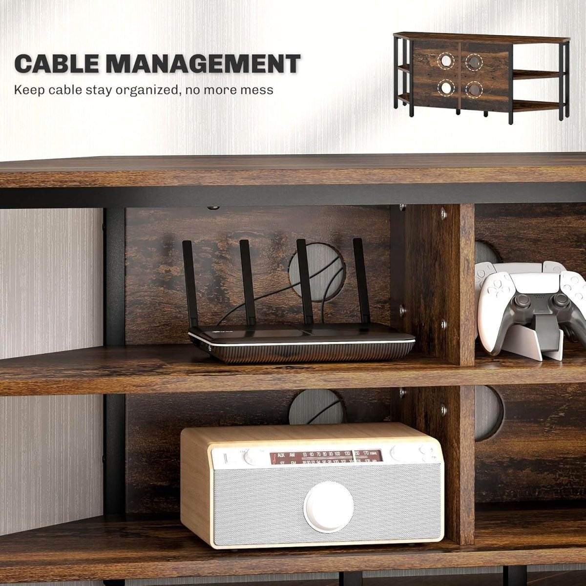 Corner TV Stand with Storage Shelves, Cable Management, Rustic Brown Unit - Kwikley