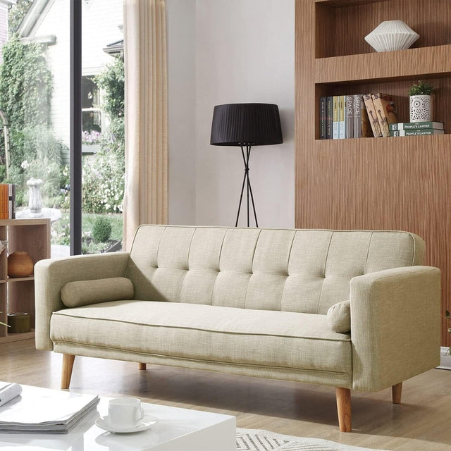 Cream 3 Seater Sofa Bed Linen Fabric Click Clack Couch for Guest Rooms