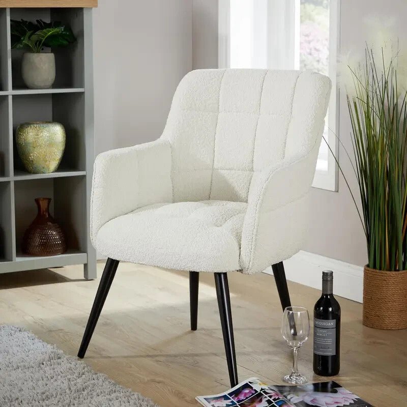 Cream Boucle Teddy Armchair Accent Chair w/ Black Legs Bedroom Lounge - Kwikley