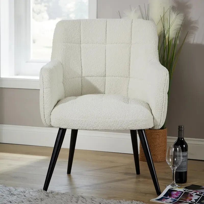 Cream Boucle Teddy Armchair Accent Chair w/ Black Legs Bedroom Lounge - Kwikley