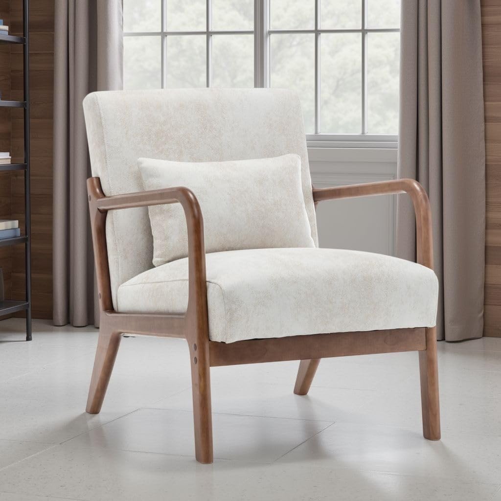 Cream Faux Leather Accent Chair w/ Lumbar Cushion – Small Armchair - Kwikley