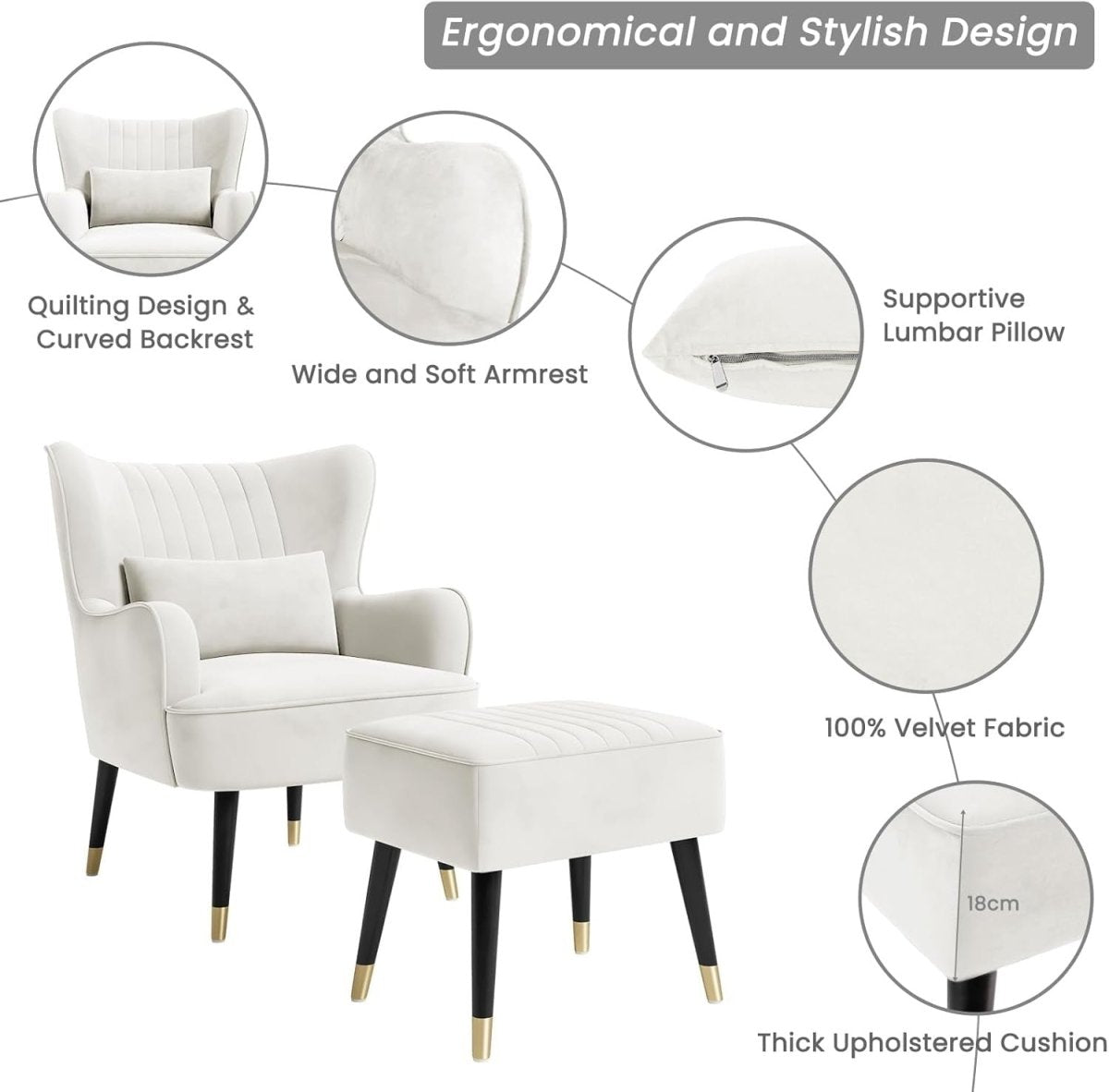 Cream Velvet Wing Back Accent Chair & Footstool Lounge Set - Kwikley