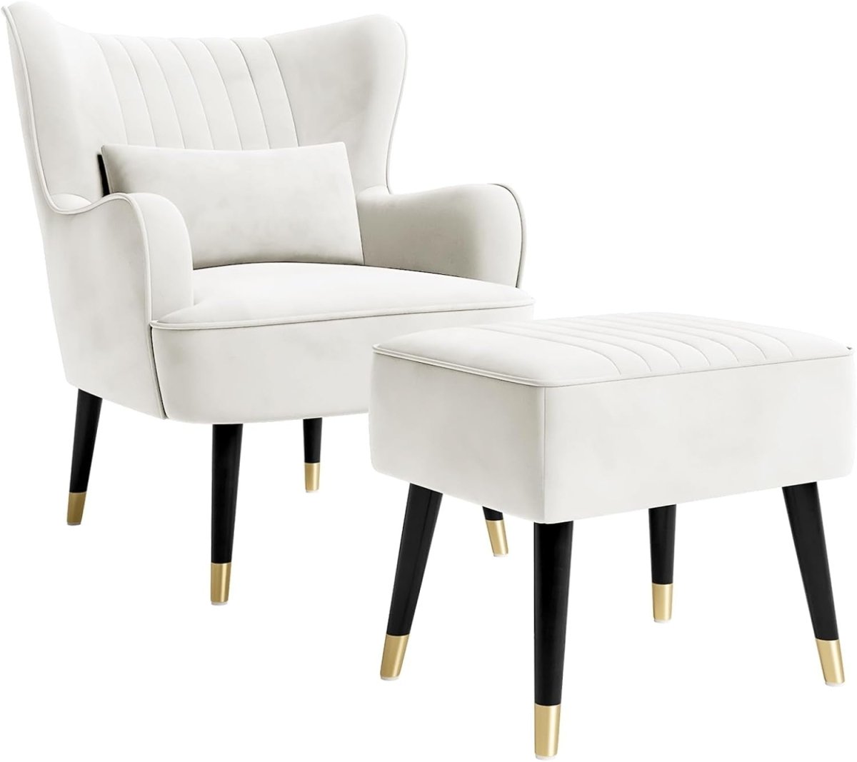 Cream Velvet Wing Back Accent Chair & Footstool Lounge Set - Kwikley