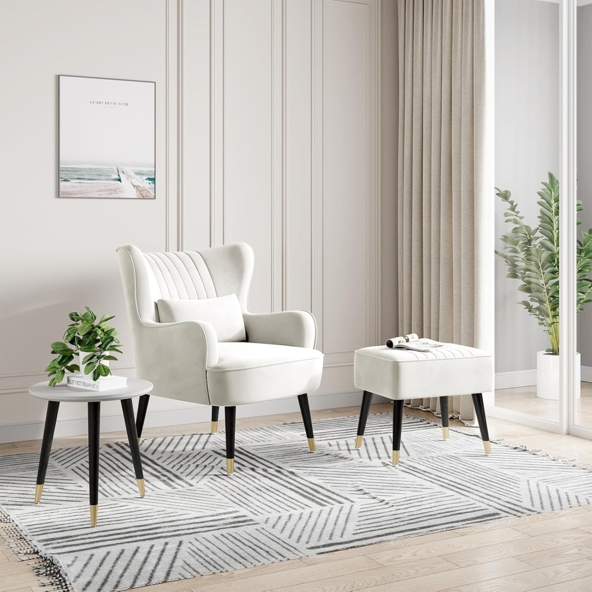 Cream Velvet Wing Back Accent Chair & Footstool Lounge Set - Kwikley
