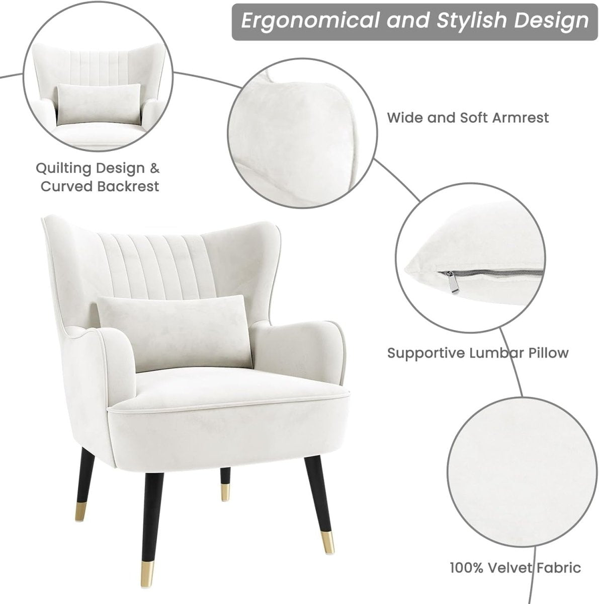 Cream Velvet Wing Back Accent Chair Lounge Armchair w Cushion - Kwikley