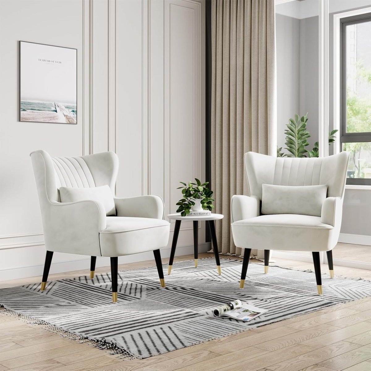 Cream Velvet Wing Back Accent Chair Lounge Armchair w Cushion - Kwikley