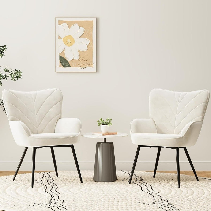 Cream White Velvet Accent Chair Wide Seat Black Metal Legs - Kwikley