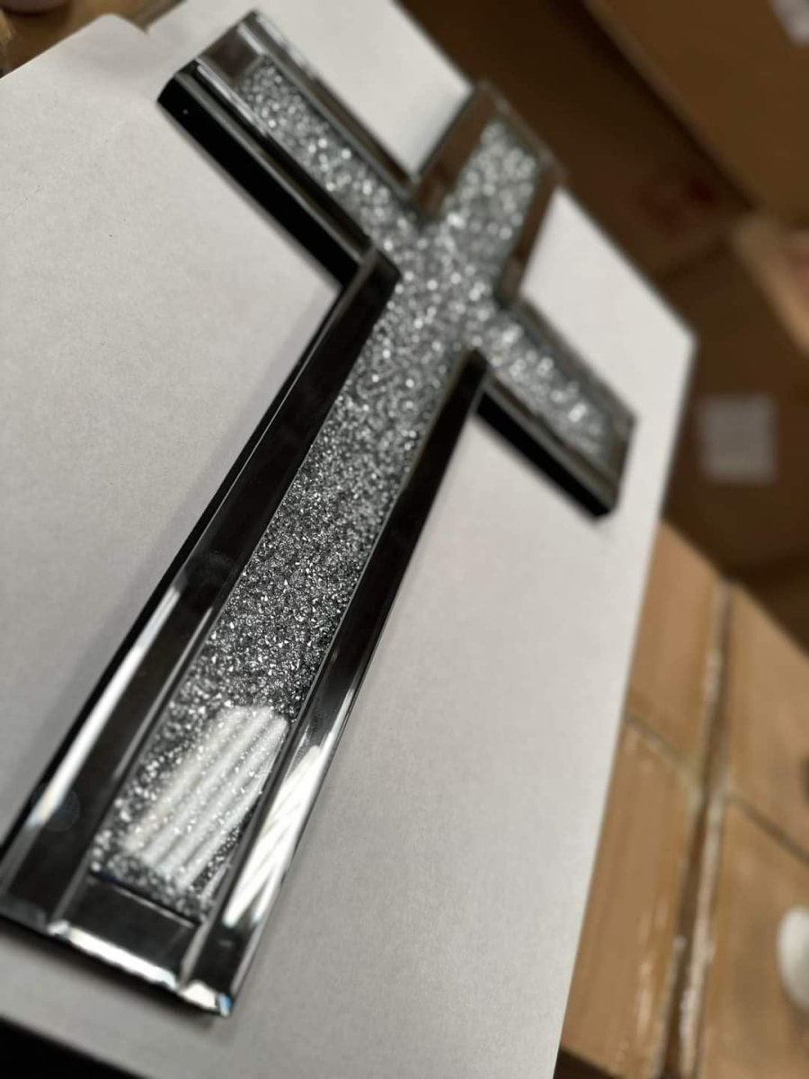 Crushed Diamond Mirrored Wall Cross 40x60cm Crystal Decor - Kwikley