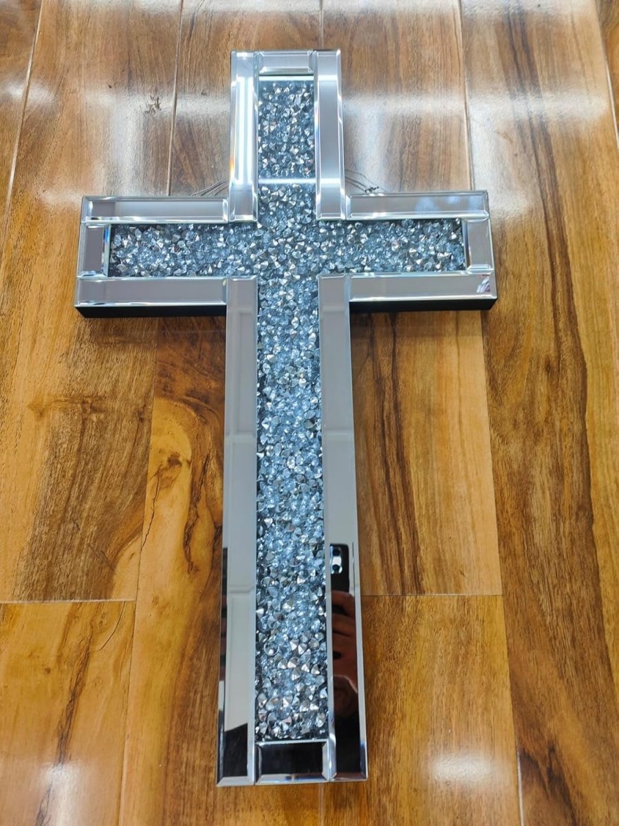 Crushed Diamond Mirrored Wall Cross 40x60cm Crystal Decor - Kwikley