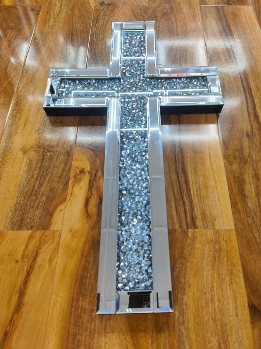 Crushed Diamond Mirrored Wall Cross 40x60cm Crystal Decor - Kwikley
