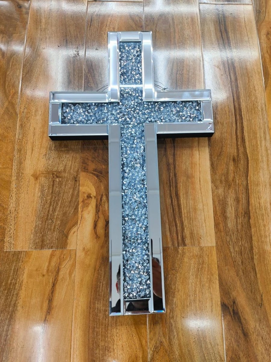 Crushed Diamond Mirrored Wall Cross 40x60cm Crystal Decor - Kwikley