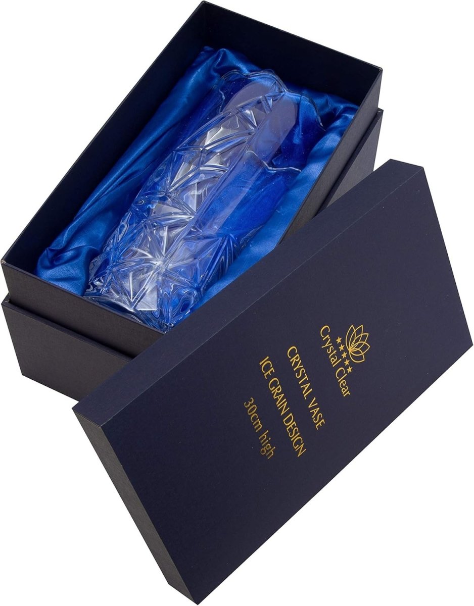 Crystal Glass Flower Vase 30cm Ice Grain Cut Clear Table Centrepiece - Kwikley