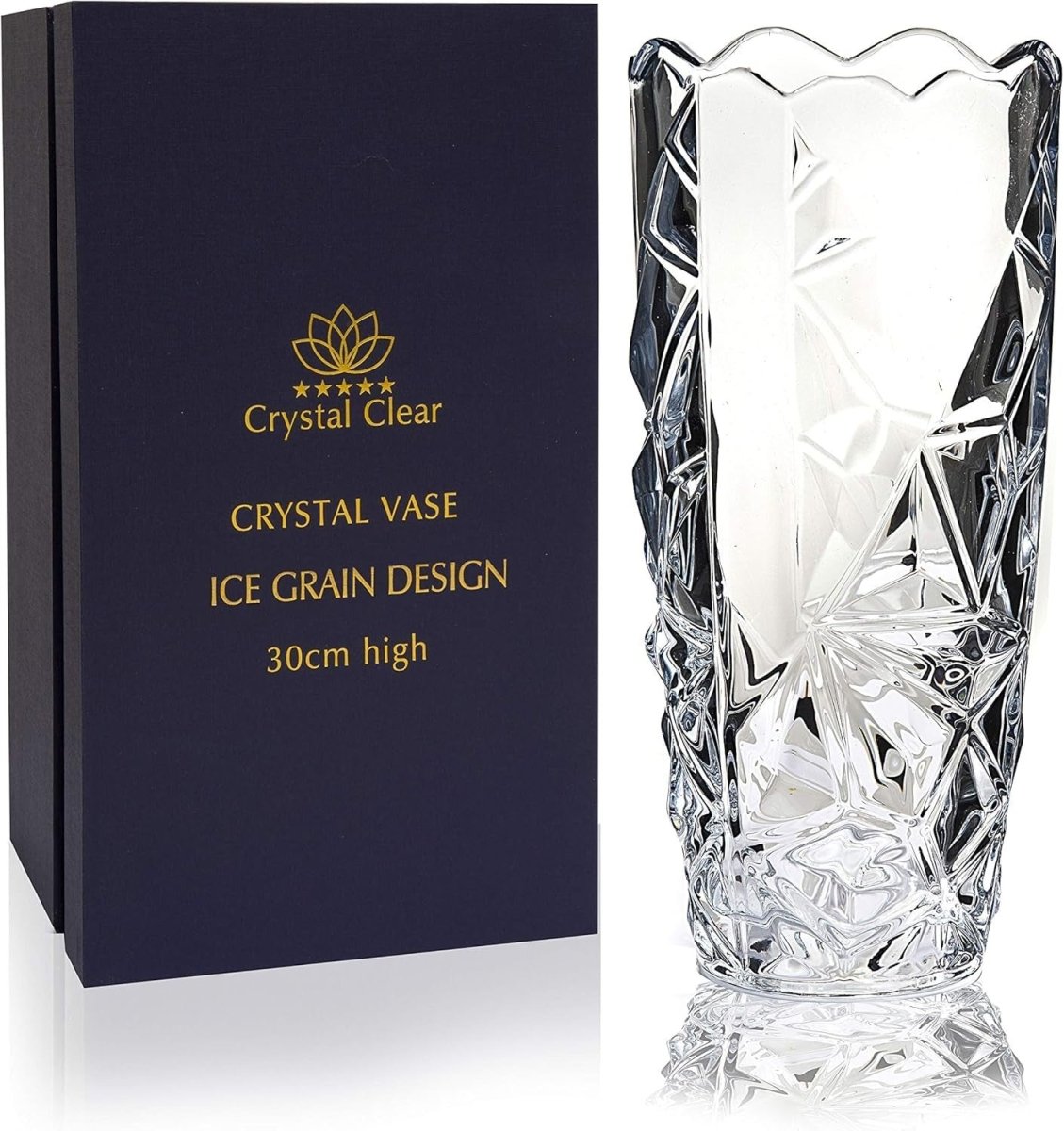 Crystal Glass Flower Vase 30cm Ice Grain Cut Clear Table Centrepiece - Kwikley