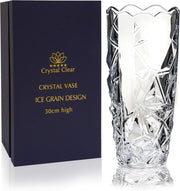 Crystal Glass Flower Vase 30cm Ice Grain Cut Clear Table Centrepiece - Kwikley