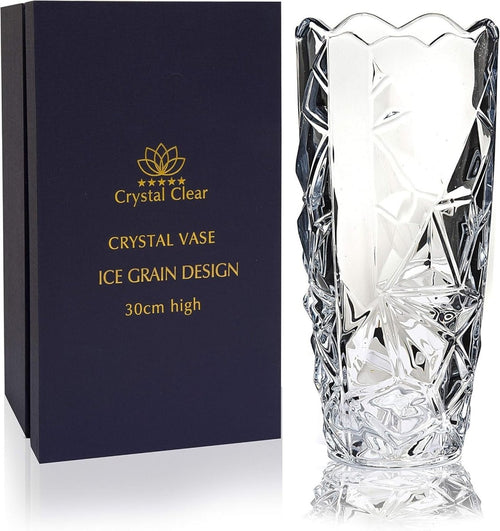 Crystal Glass Flower Vase 30cm Ice Grain Cut Clear Table Centrepiece - Kwikley