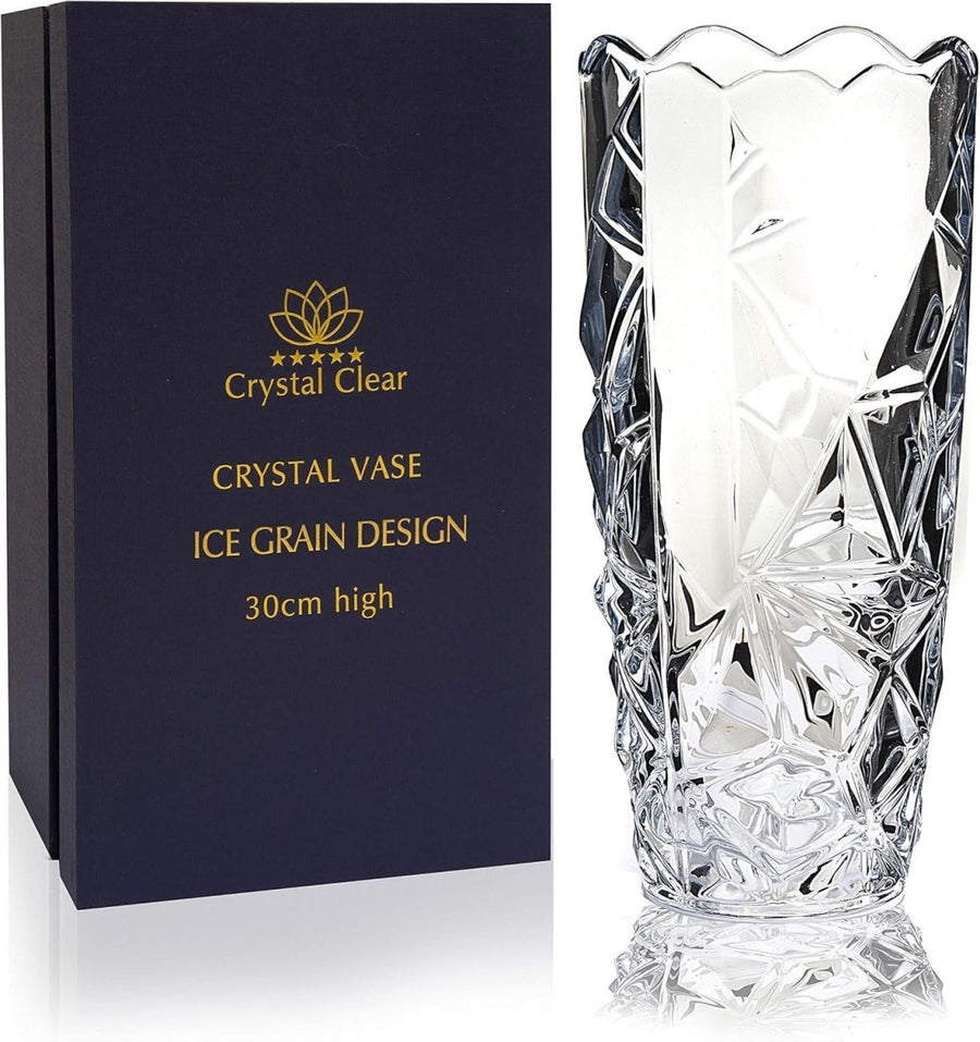 Crystal Glass Flower Vase 30cm Ice Grain Cut Clear Table Centrepiece - Kwikley