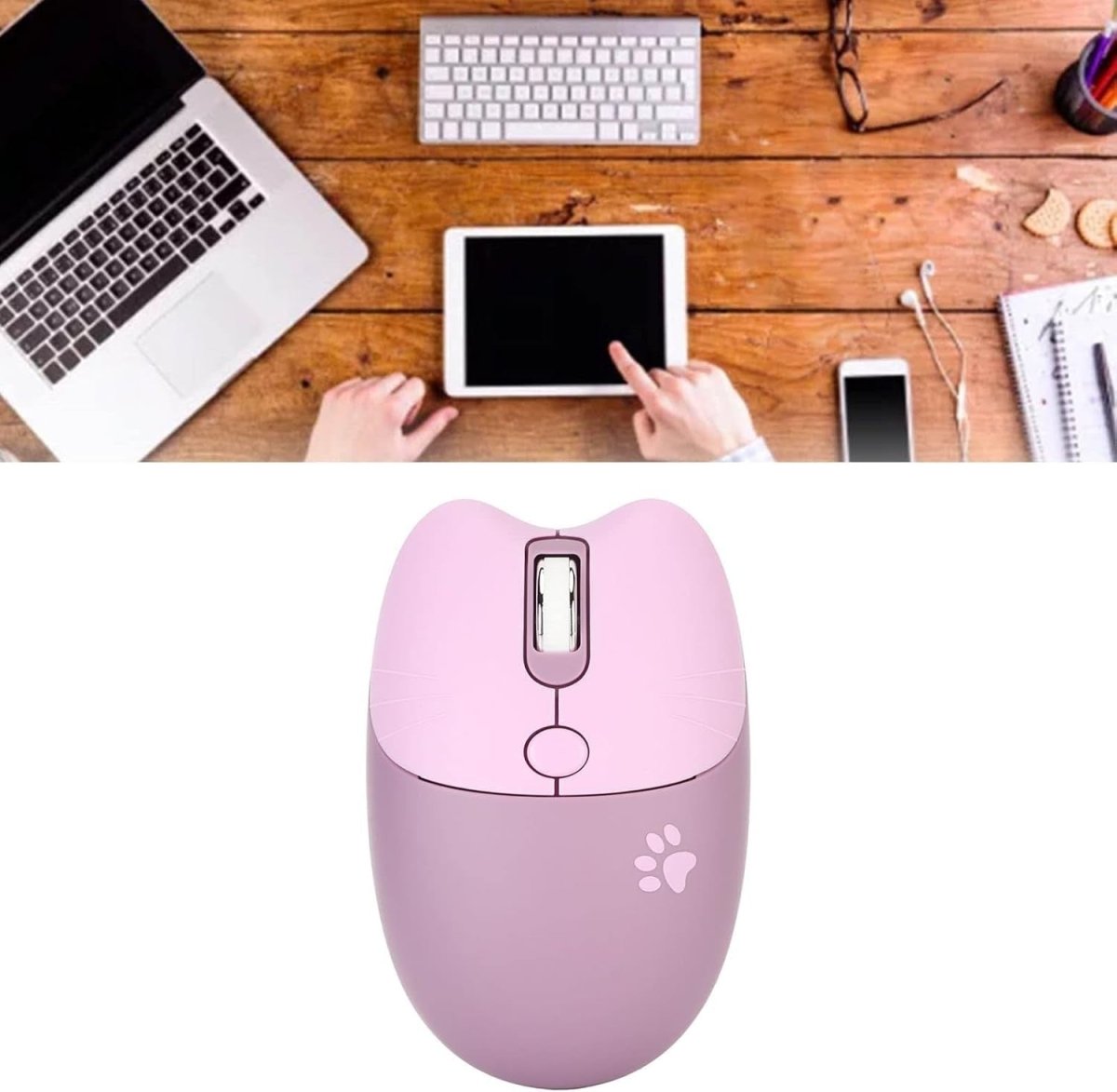 Cute Cat Wireless Mouse 1600 DPI Silent USB Rechargeable Purple - Kwikley