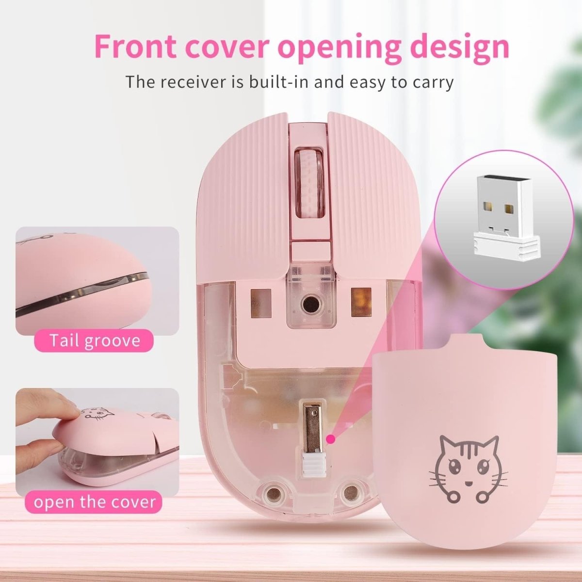 Cute Cat Wireless Mouse Rechargeable Silent USB 2.4G LED - Kwikley