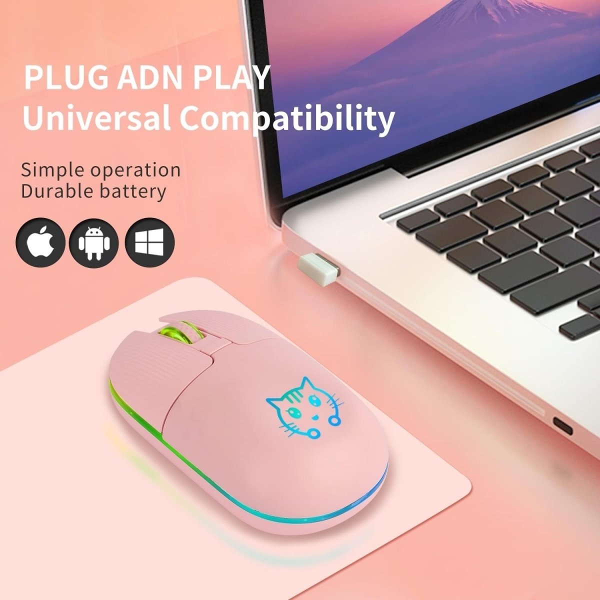 Cute Cat Wireless Mouse Rechargeable Silent USB 2.4G LED - Kwikley