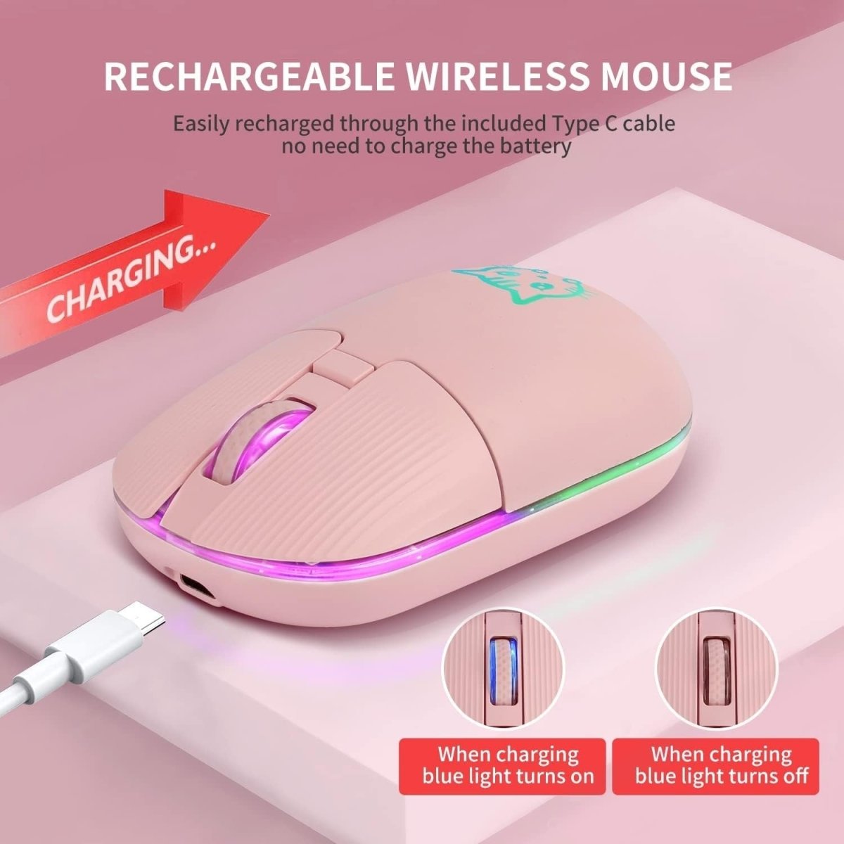 Cute Cat Wireless Mouse Rechargeable Silent USB 2.4G LED - Kwikley