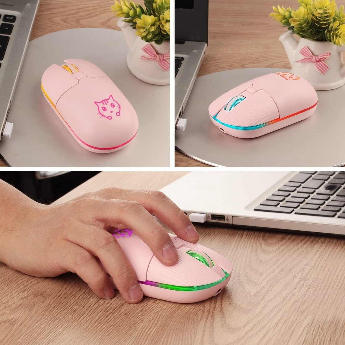 Cute Cat Wireless Mouse Rechargeable Silent USB 2.4G LED - Kwikley