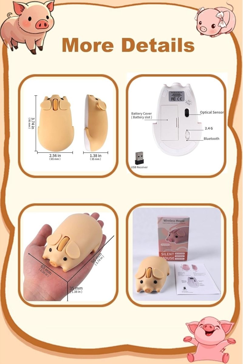 Cute Pig Wireless Mouse Bluetooth 5.1 2.4G Silent 1200DPI - Kwikley