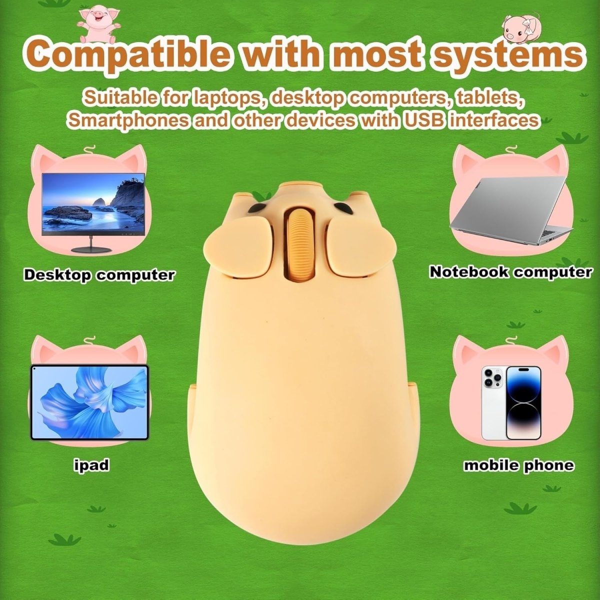 Cute Pig Wireless Mouse Bluetooth 5.1 2.4G Silent 1200DPI - Kwikley