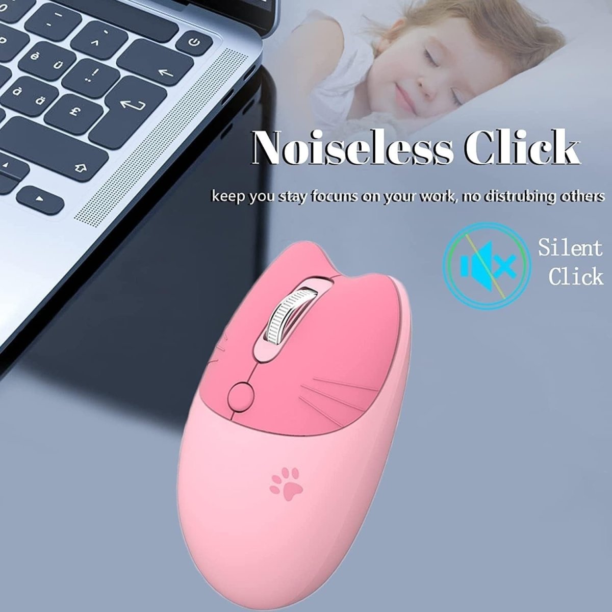 Cute Pink Wireless Mouse Silent 1600 DPI USB Rechargeable - Kwikley
