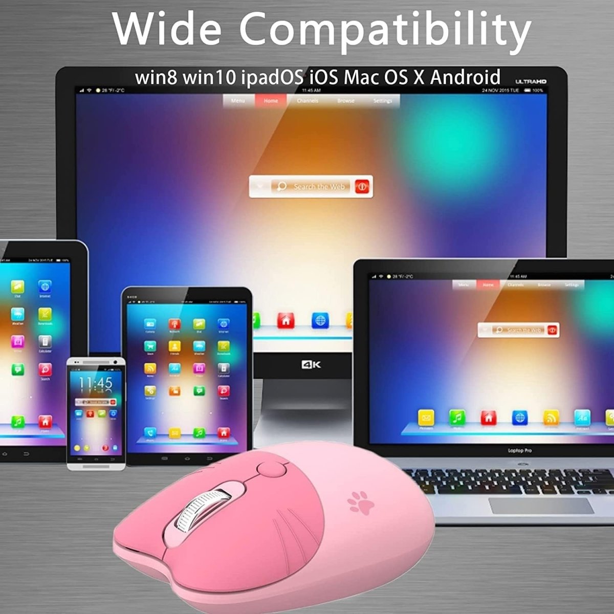 Cute Pink Wireless Mouse Silent 1600 DPI USB Rechargeable - Kwikley