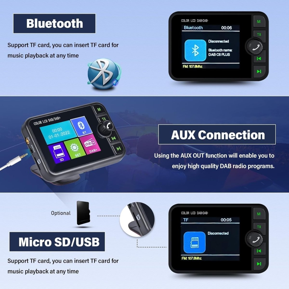 DAB+ Car Radio Adapter Bluetooth FM Transmitter Hands - Free - Kwikley