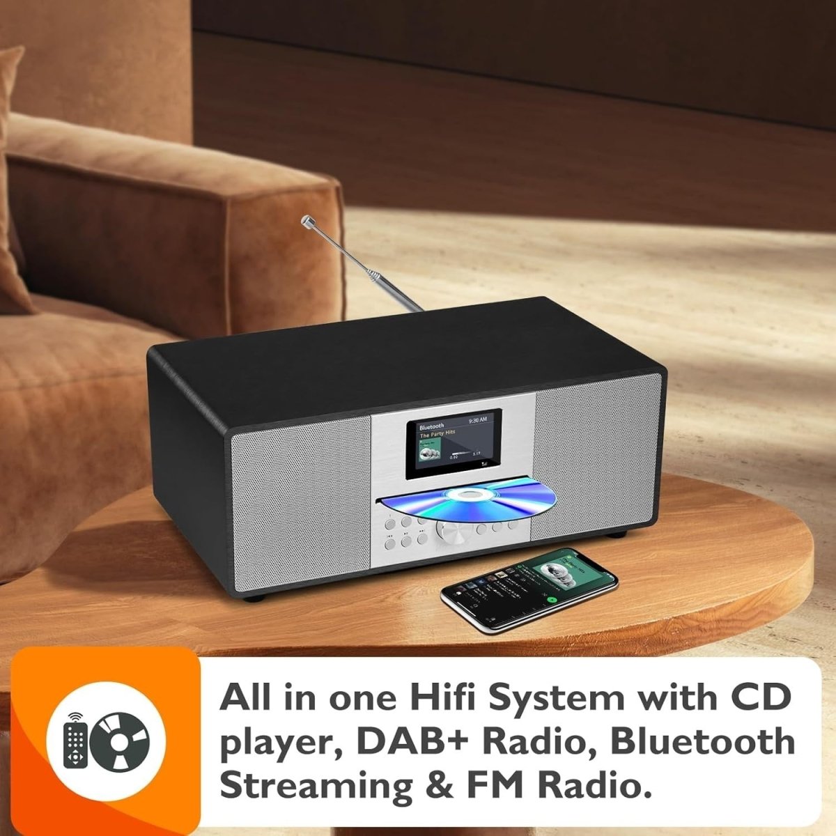DAB+ CD Player HiFi Stereo System Bluetooth USB AUX Metallic Black - Kwikley