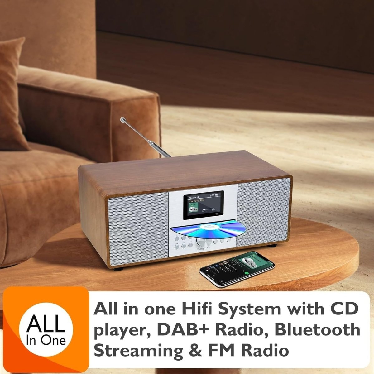 DAB+ CD Player HiFi Stereo System Bluetooth USB AUX Walnut Radio - Kwikley