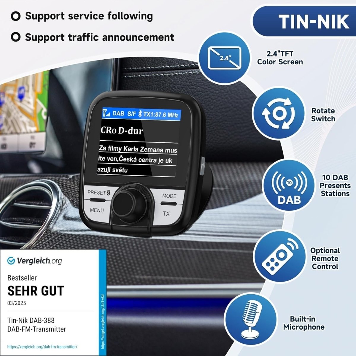DAB DAB+ Car Radio Adapter 2.4" Colour Screen FM BT - Kwikley