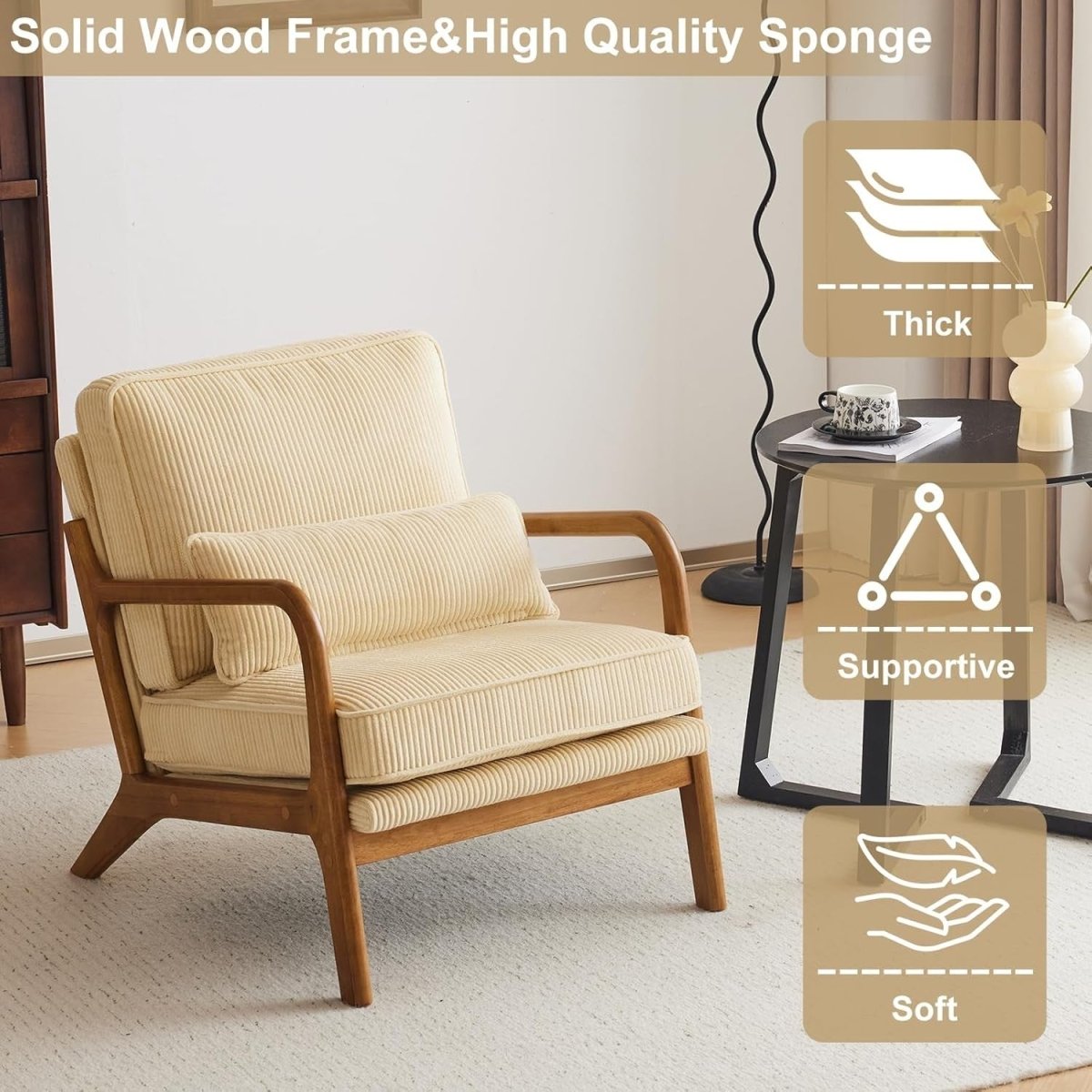 Dark Beige Corduroy Accent Chair – Solid Wood Lounge Armchair - Kwikley