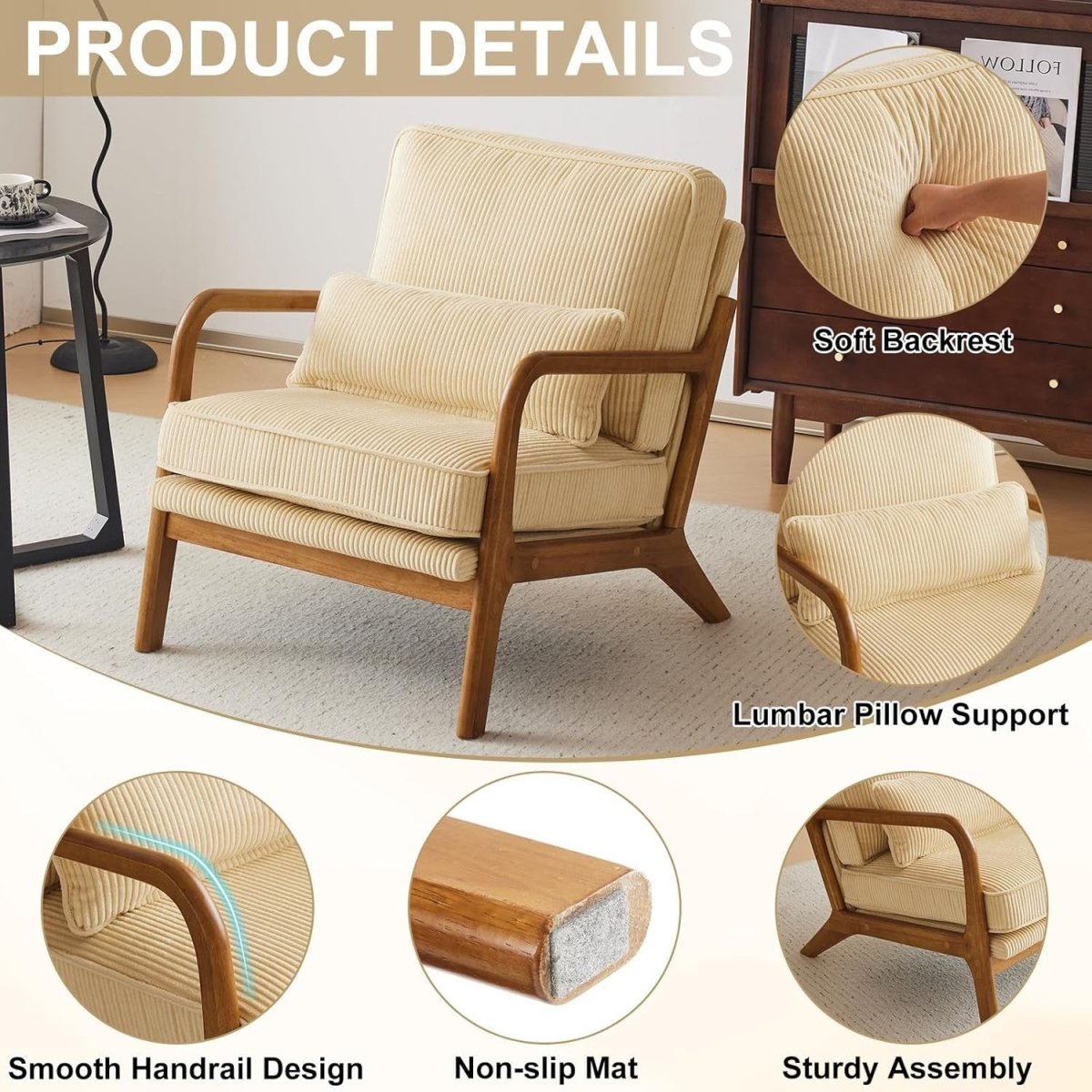 Dark Beige Corduroy Accent Chair – Solid Wood Lounge Armchair - Kwikley