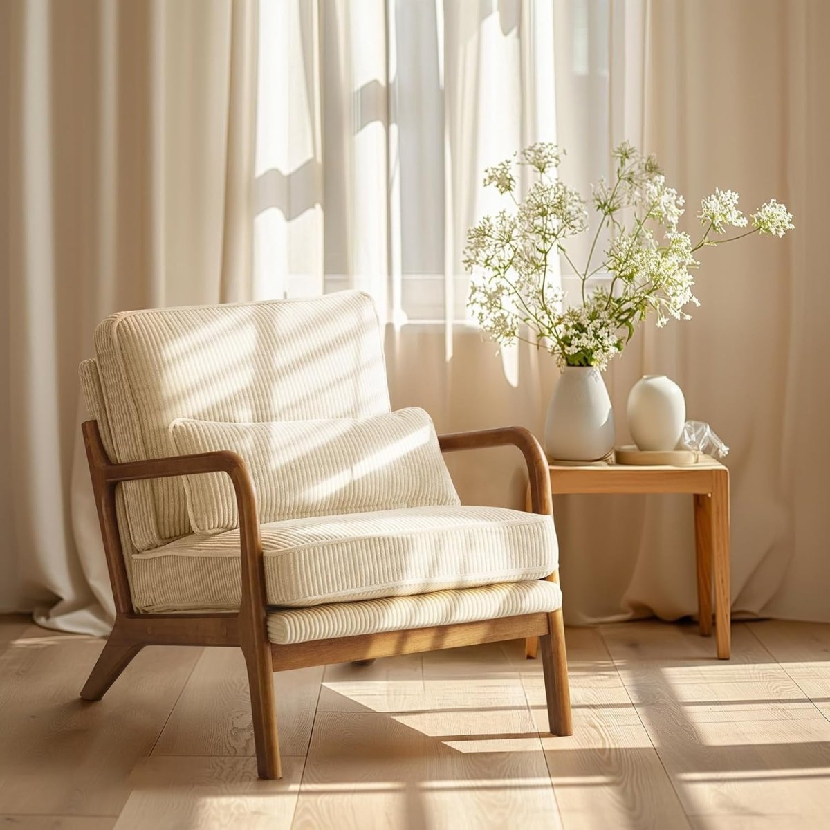 Dark Beige Corduroy Accent Chair – Solid Wood Lounge Armchair - Kwikley