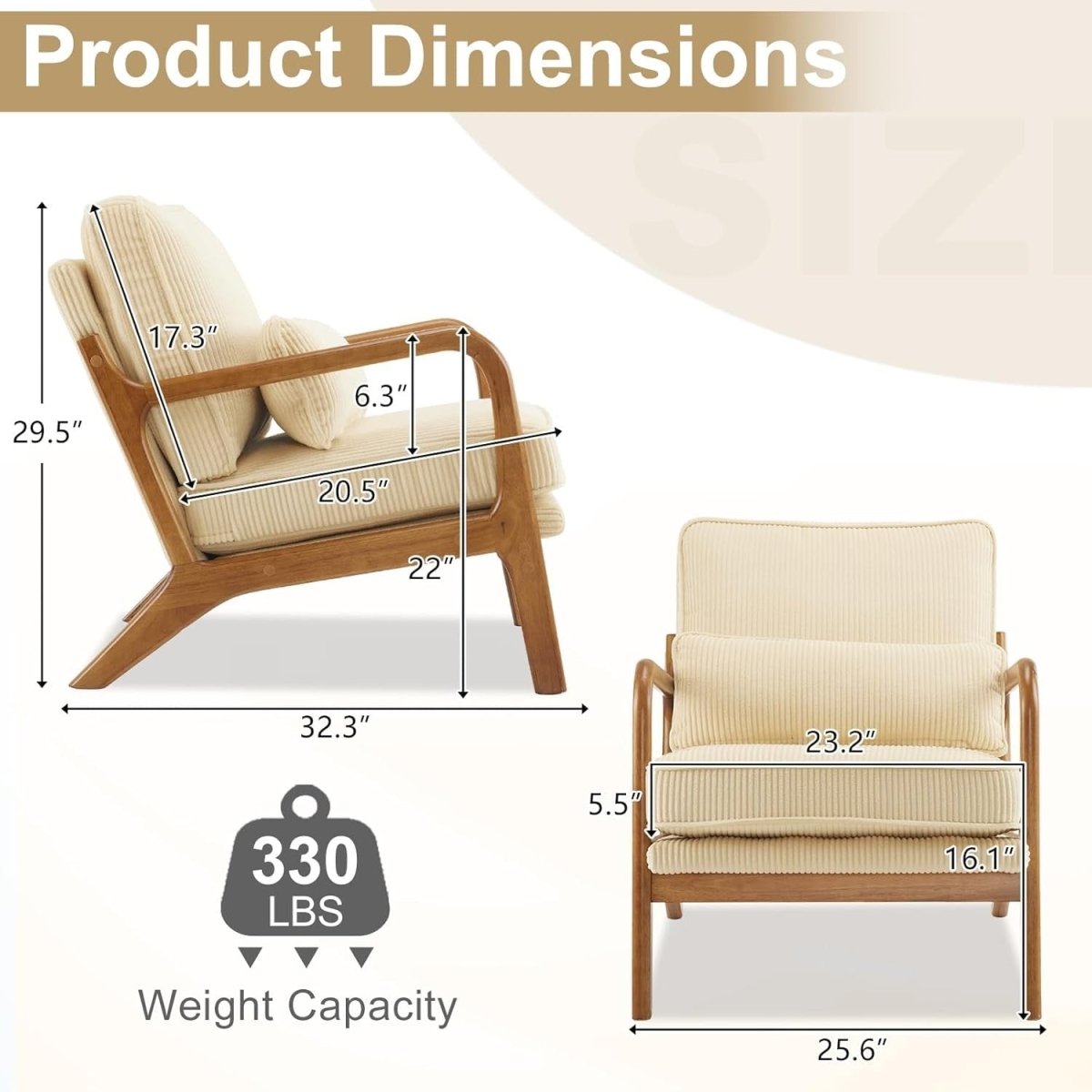 Dark Beige Corduroy Accent Chair – Solid Wood Lounge Armchair - Kwikley