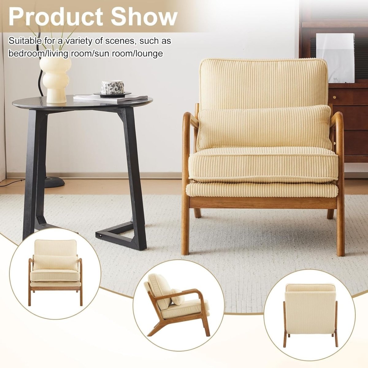 Dark Beige Corduroy Accent Chair – Solid Wood Lounge Armchair - Kwikley