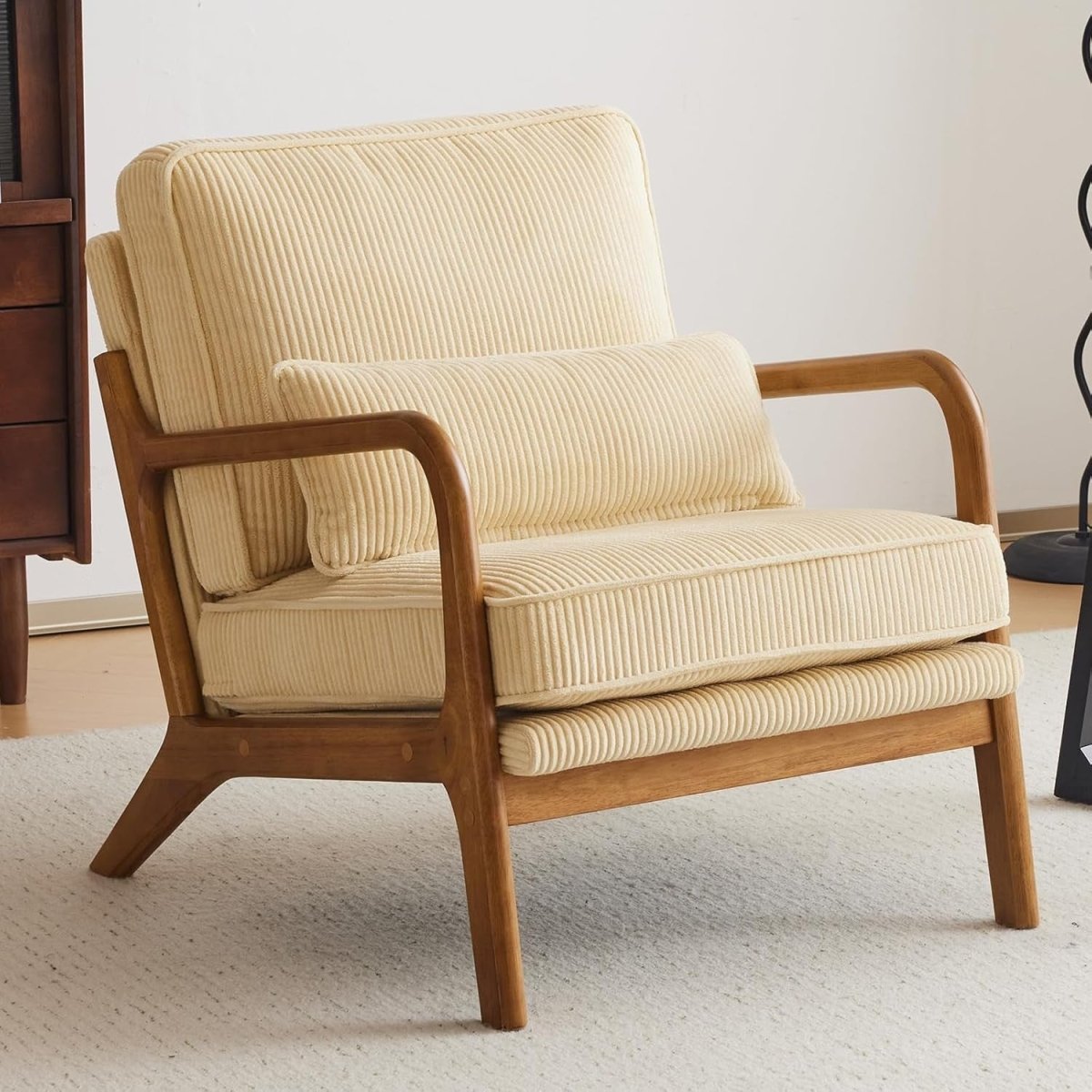 Dark Beige Corduroy Accent Chair – Solid Wood Lounge Armchair - Kwikley