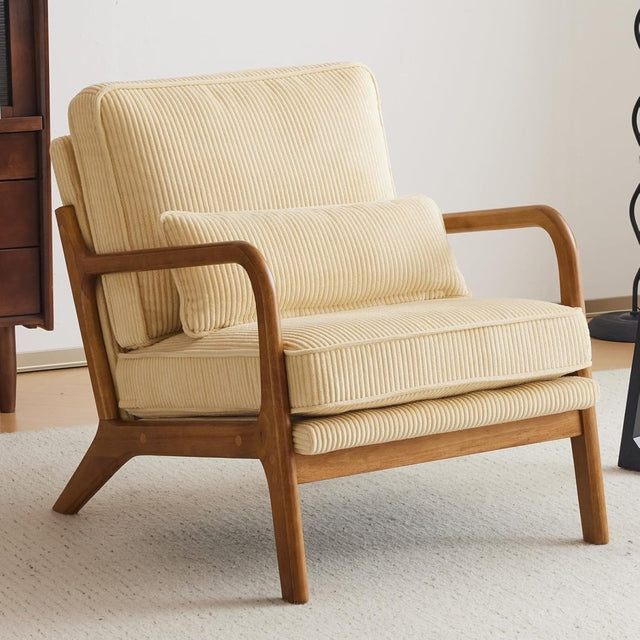 Dark Beige Corduroy Accent Chair – Solid Wood Lounge Armchair
