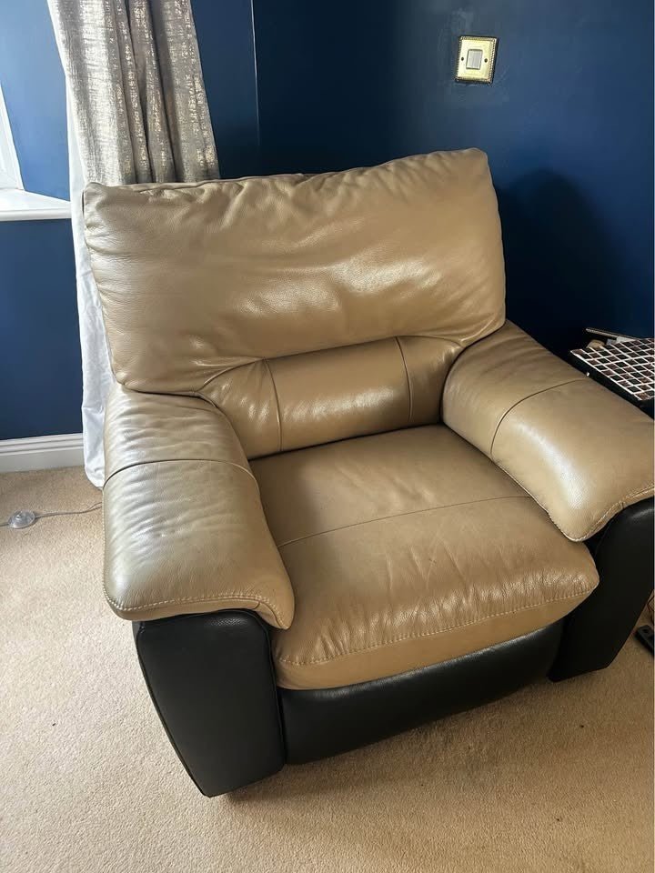 Dark Beige Leather Corner Sofa + Armchair (PTP) - Kwikley