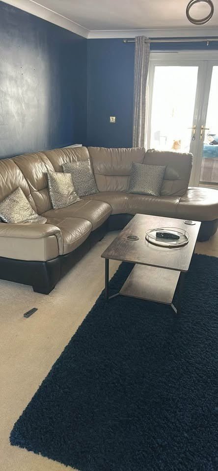 Dark Beige Leather Corner Sofa + Armchair (PTP) - Kwikley
